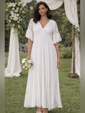 J Gee Elegant White Lace Empire-Waist Boho Maxi Dress
